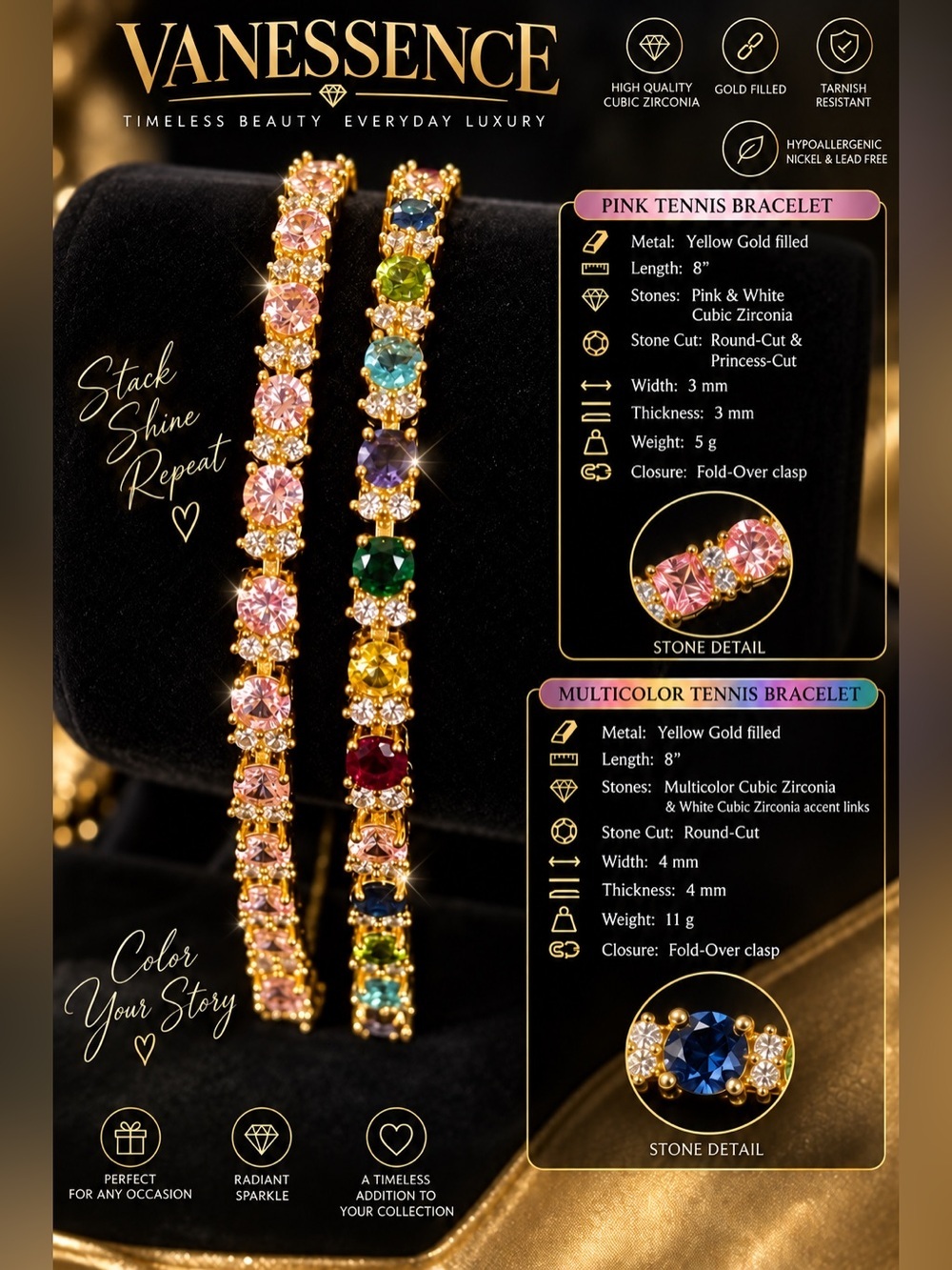 4.8mm Yellow Gold Multicolor & Pink CZ Tennis Bracelets 8 in. - Picture 3 of 8